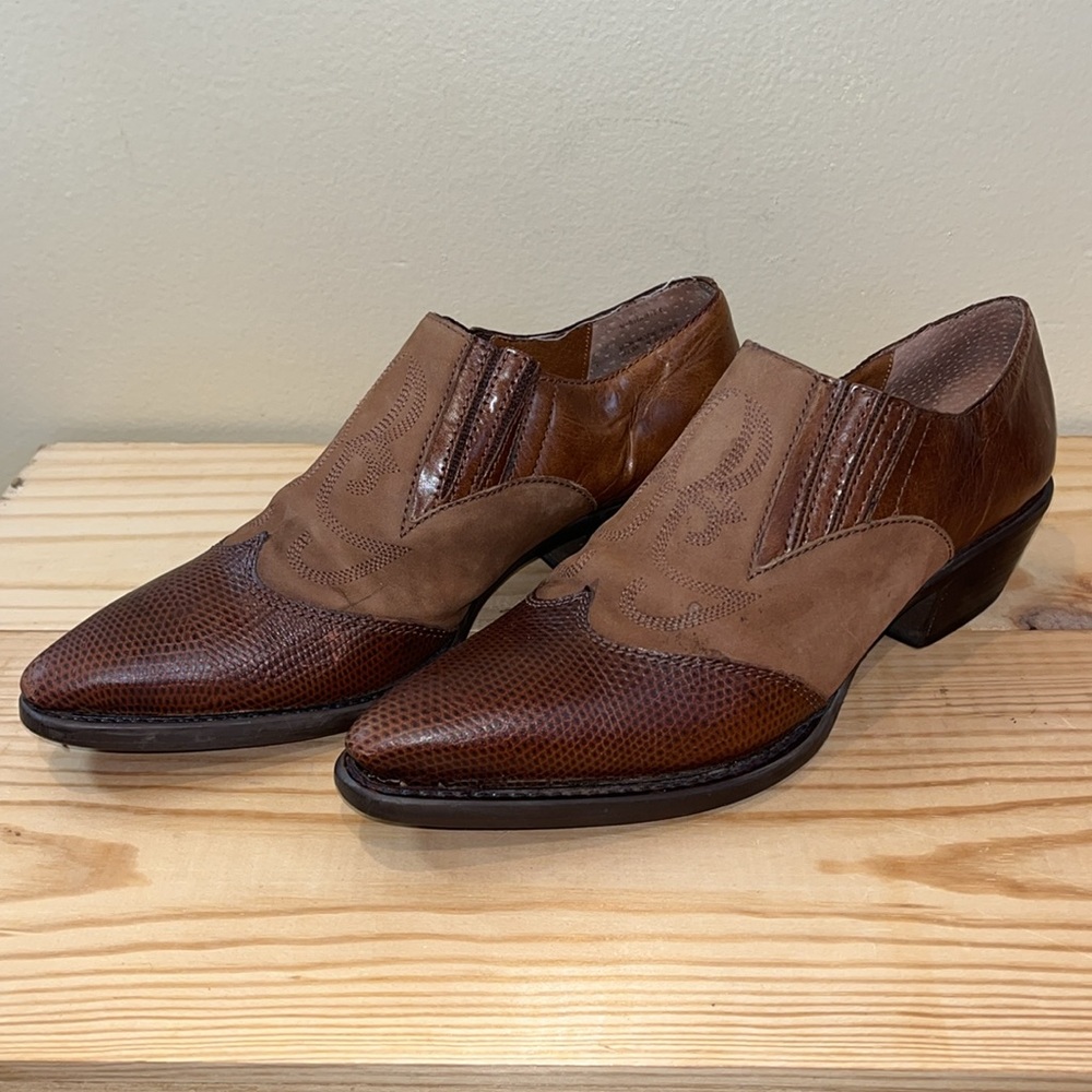 Nine West Slip On Brown Leather Booties Western Style